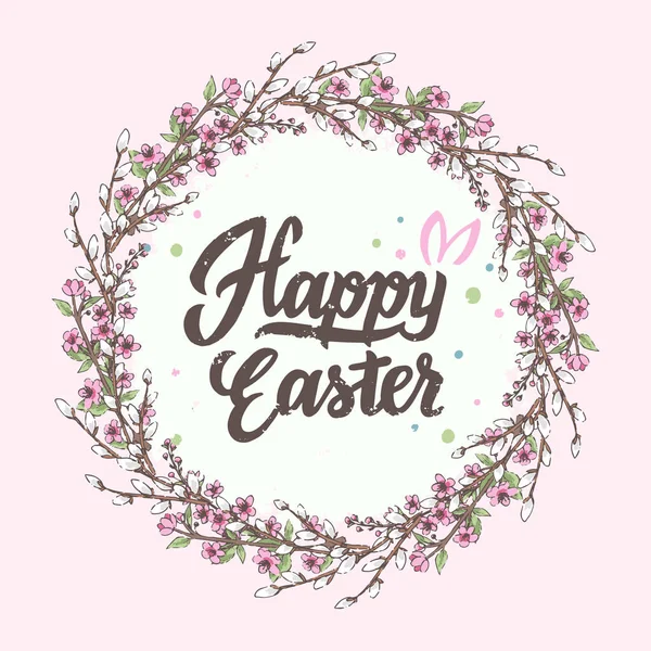 Kwitnący Wieniec Napisem Happy Easter Ilustracja Wektora Pastelowym Stylu Ręcznie — Wektor stockowy
