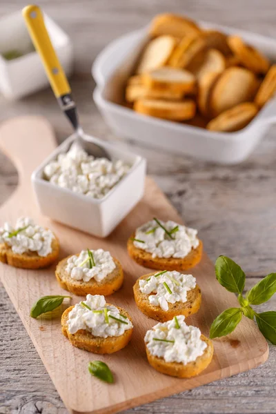Bruschetta sandwiches with cottage cheese — Stock Photo, Image