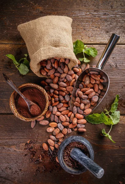 Vista dall'alto dei fagioli di cacao — Foto Stock