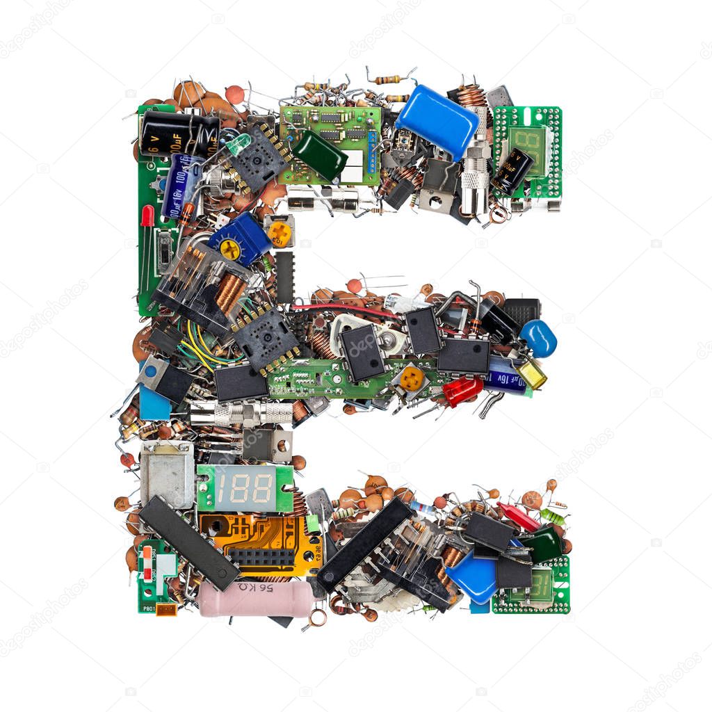 Letter E made of electronic components