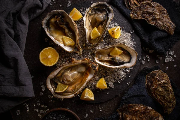 Gepaneerde oesters in zwart leien bord — Stockfoto