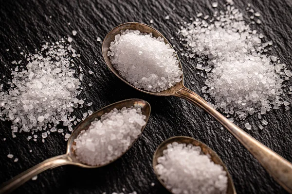 Vintage spoons with sea salt — Stock Photo, Image