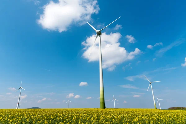 Windkraftanlagen und Rapsfelder — Stockfoto