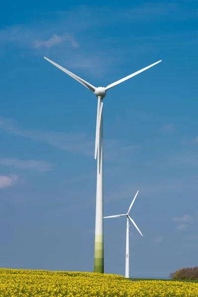 Větrné turbíny v poli řepky — Stock fotografie