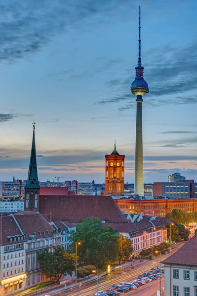 The townhall and the Television Tower after sunset — Stock Photo, Image