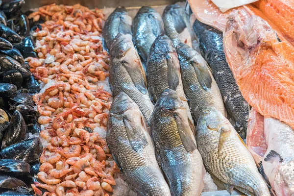 Ostras, camarões e peixes num mercado — Fotografia de Stock