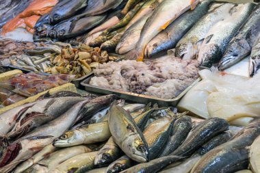 Taze balık ve deniz ürünleri bir Pazar