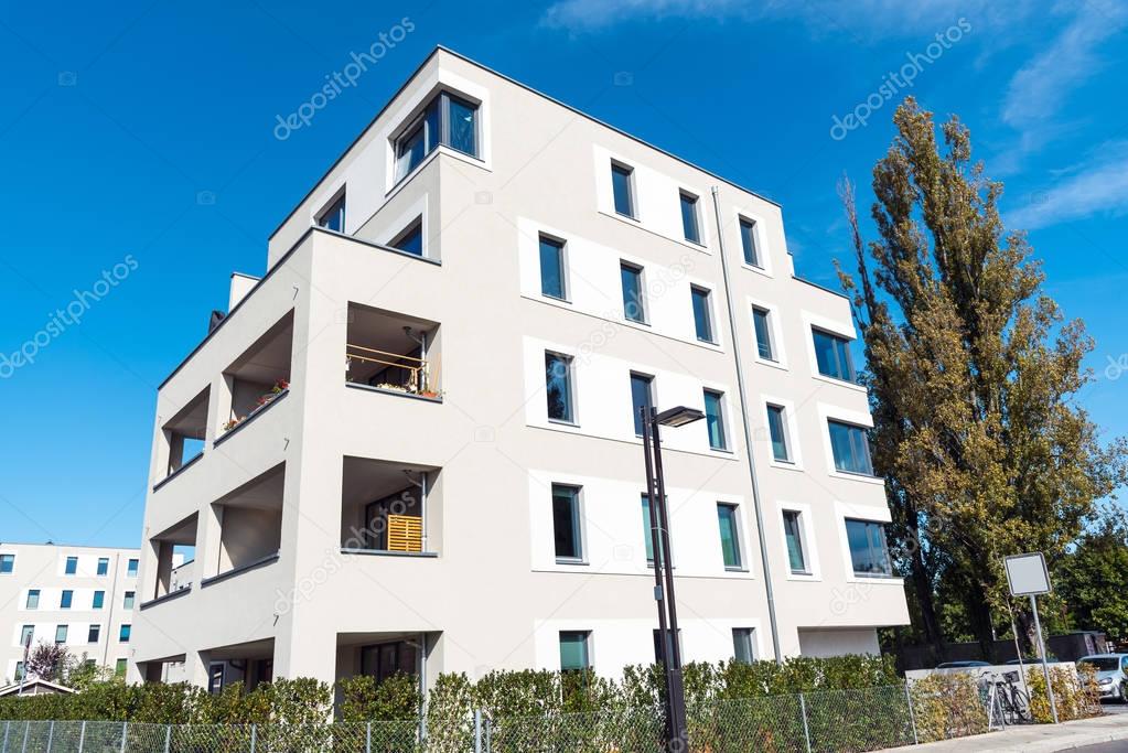 Modern white townhouse seen in Berlin, Germany