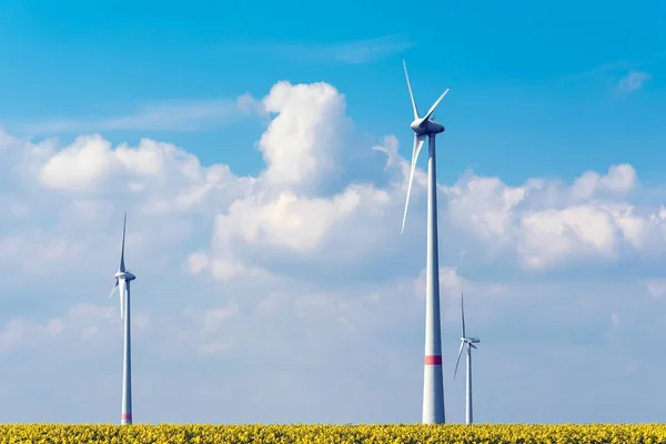 Wind Power Plant Rapeseed Field Seen Rural Germany — Stock Photo, Image