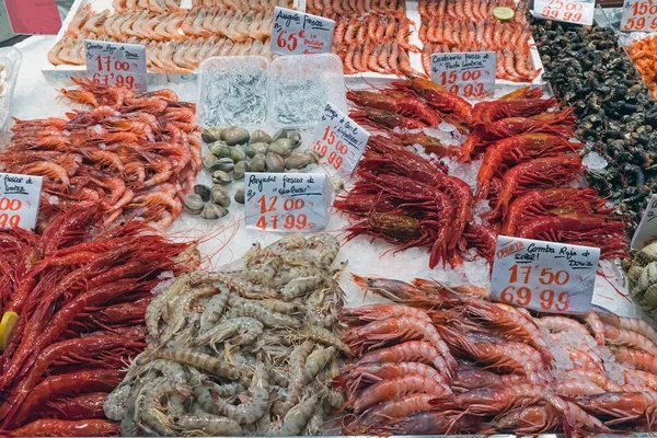 出售不同种类的虾 — 图库照片