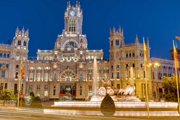 Plaza Cibeles Madrid Med Palace Kommunikationen Natten — Stockfoto