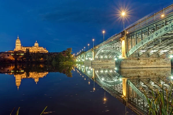 Salamanca Katedrali Nehir Tormes Puente Enruque Estevan Gece Ile — Stok fotoğraf