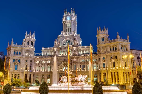 Plaza Cibeles Madrid Med Palace Kommunikationen Natten — Stockfoto
