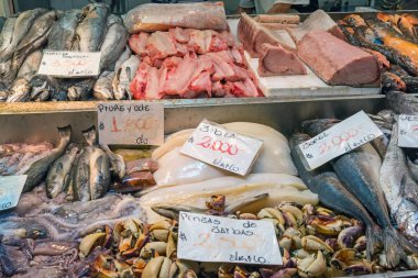 Taze balık ve deniz ürünleri, Santiago, Şili'deki Mercado Merkez