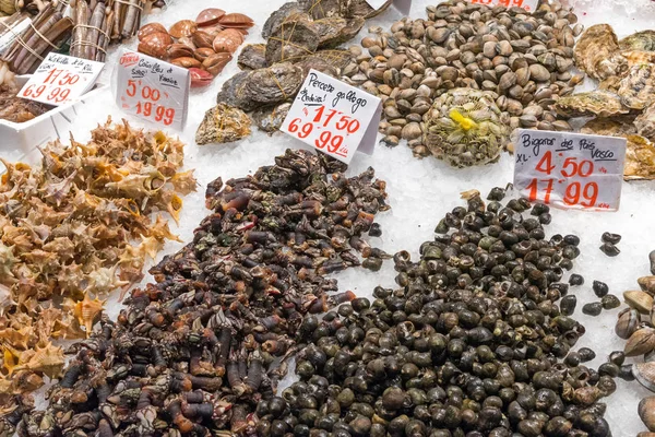 Frische Muscheln Und Meeresfrüchte Zum Verkauf Auf Einem Markt Madrid — Stockfoto