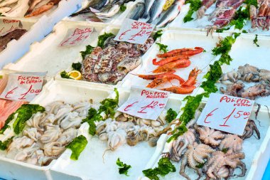 Napoli, İtalya 'da bir markette satılık taze deniz ürünleri.