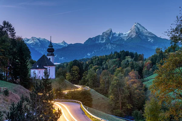 Mont Watzmann Petite Église Maria Gern Aube Avec Des Traces — Photo