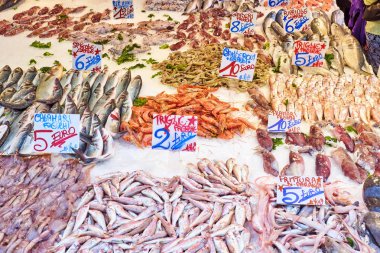 Napoli, İtalya 'da bir pazarda satılık balık ve deniz ürünleri