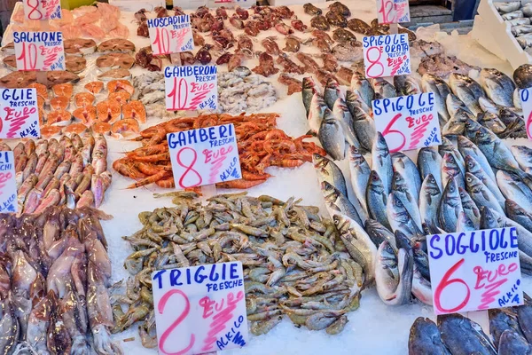 Camarões Outros Peixes Mariscos Para Venda Num Mercado Nápoles Itália — Fotografia de Stock