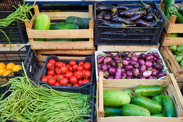 Verdure Fresche Scatole Legno Vendita Mercato — Foto Stock