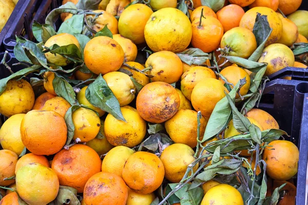 Orangen Mit Blättern Zum Verkauf Auf Einem Markt — Stockfoto