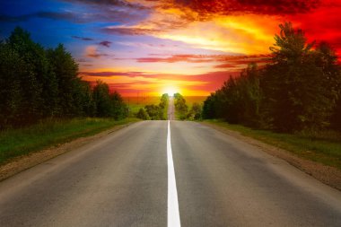 road between trees and beautiful sunset clipart