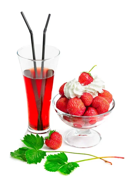 Glass of juice with ice cream and strawberries — Stock Photo, Image