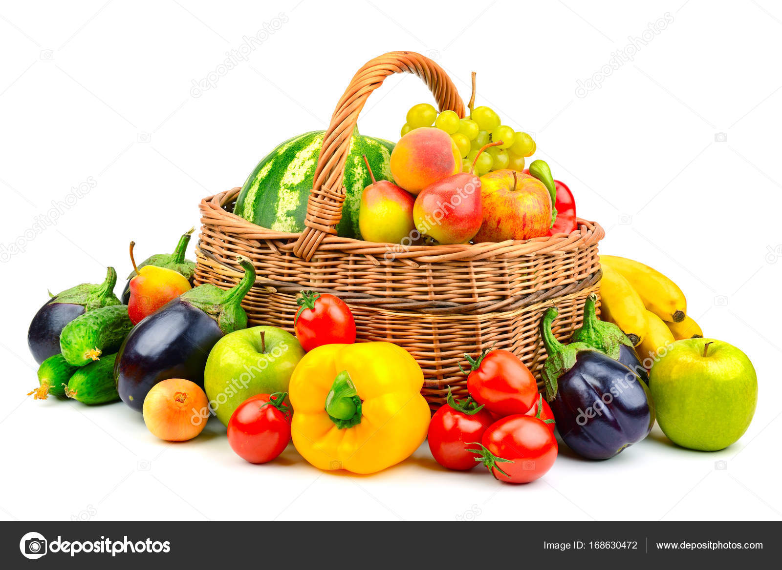 Fondo: canasta de frutas y verduras blanco | colección de frutas y