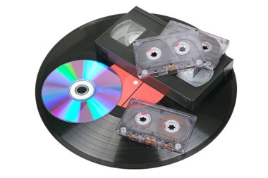 Vinyl disc, audio and video cassettes clipart