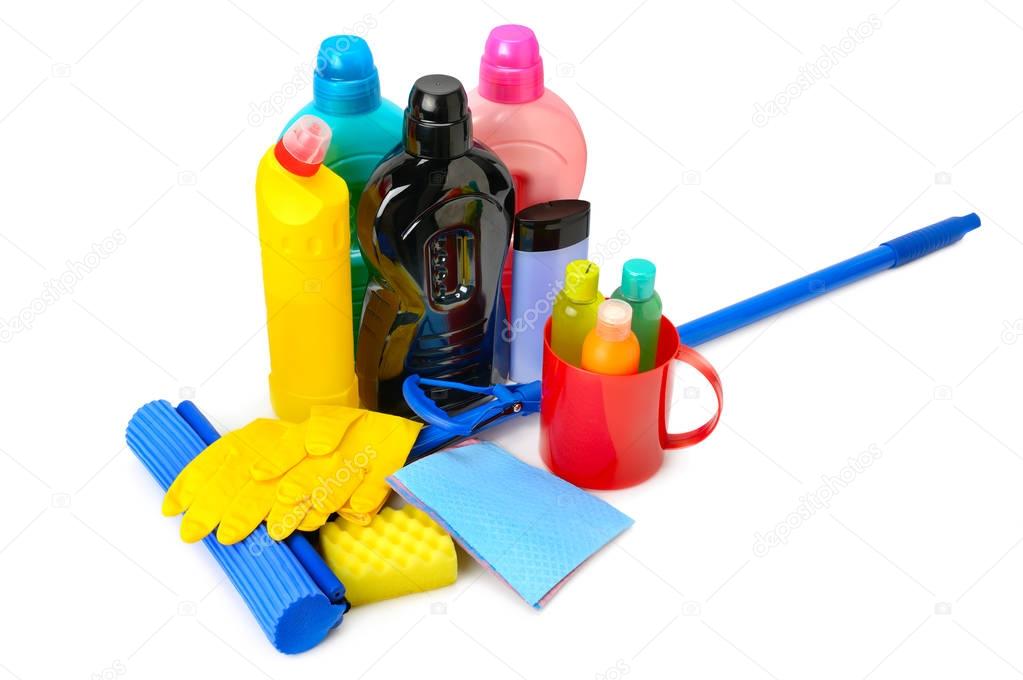 Mops, bottles detergent and rubber gloves