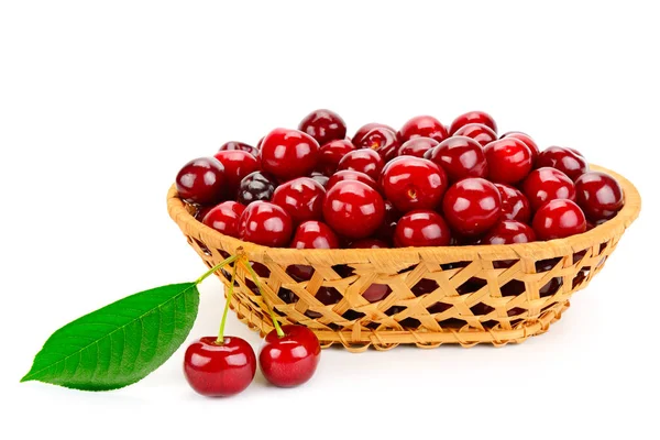 Ripe cherries in basket isolated on white — Stock Photo, Image