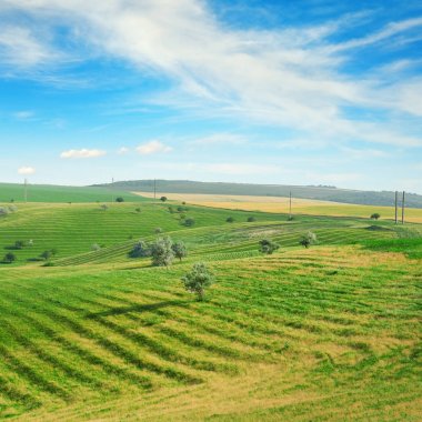 Bir teras ve mavi gökyüzü ile dağlık arazi