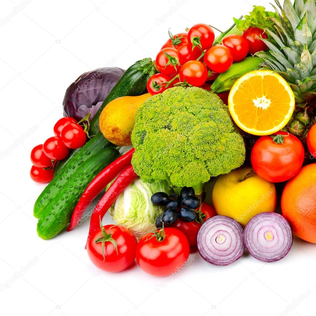 The composition of fresh fruits and vegetables. Isolated on whit