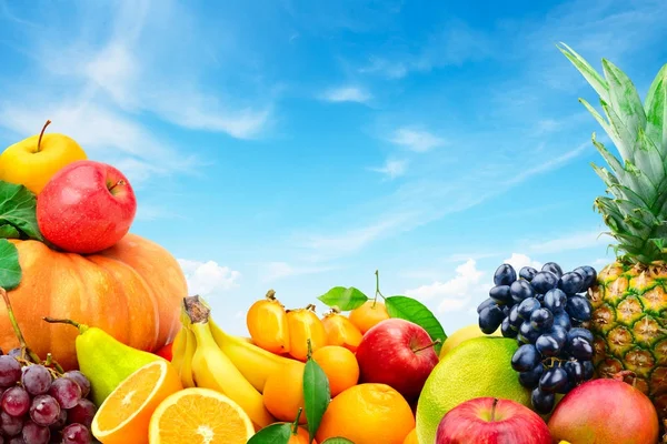 Duży zbiór owoców i warzyw na backgrou błękitne niebo — Zdjęcie stockowe