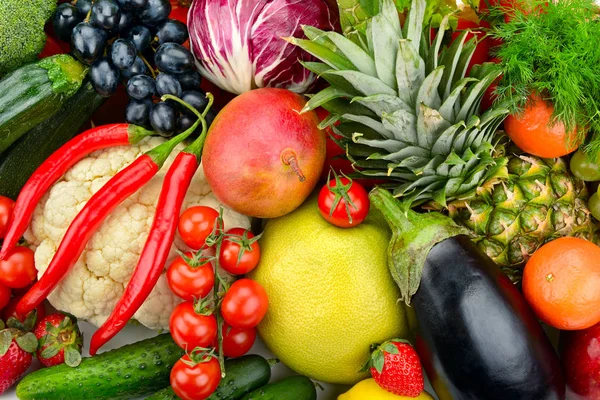 Ποικιλία Φρέσκων Φρούτων Και Λαχανικών Υγιή Φόντο — Φωτογραφία Αρχείου