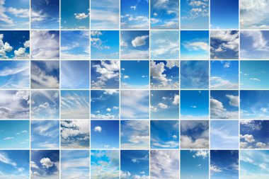 Large collage with clouds - cumulus, cirrus, rain, clear sky clipart