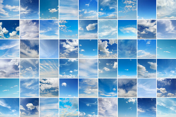 Large collage with clouds - cumulus, cirrus, rain, clear sky