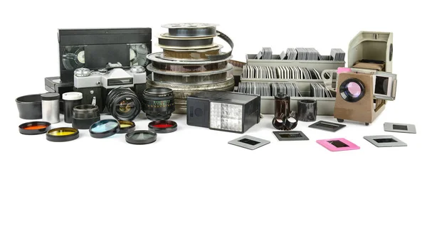 Föråldrad utrustning för fotografering och bildspel i foto och video — Stockfoto