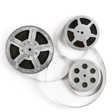 Beyaz arka planda eski bir film şeridi. Üst görünüm.