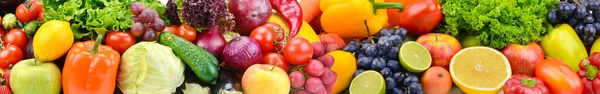 Πανόραμα φωτεινά λαχανικά και φρούτα. Ιστορικό τροφίμων. — Φωτογραφία Αρχείου