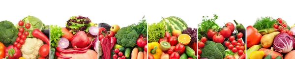 Colagem de frutas e legumes divididos por linhas verticais em wh — Fotografia de Stock