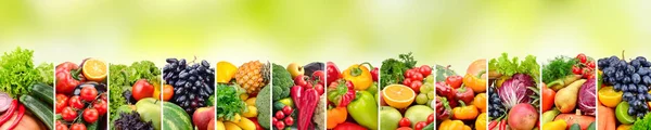 Collage panorámico de verduras y frutas sobre fondo verde . — Foto de Stock
