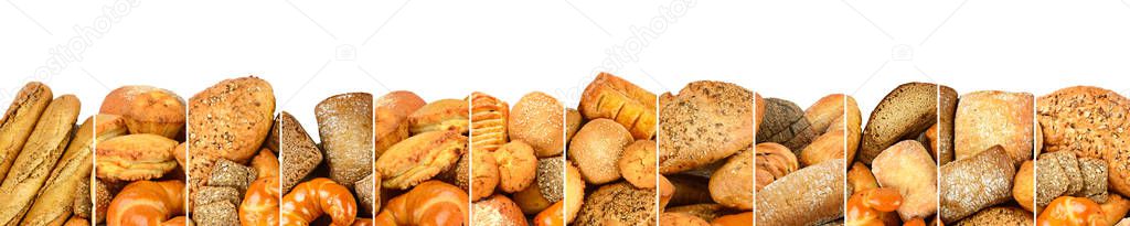 Fresh baked bread products in form vertical lines isolated on wh