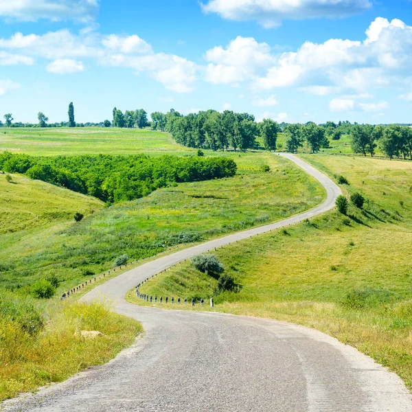 Strada asfaltata tortuosa tra i campi in campagna . — Foto Stock