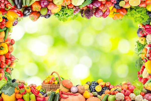 Rahmen aus Obst und Gemüse auf abstrakt verschwommenem Pflanzenhintergrund — Stockfoto