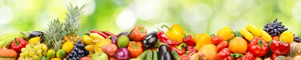 Панорама овощей и фруктов на абстрактном зеленом размыта назад — стоковое фото