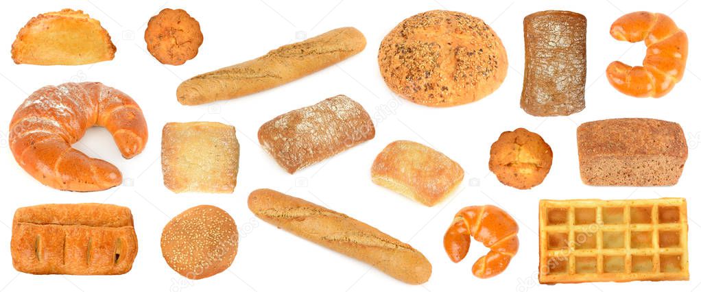 Assortment bread products from wheat and rye isolated on white background.