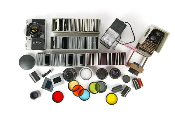 Retro Camera Slide Projector Accessories Isolated White Background Top View — Stock Photo, Image