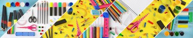 Wide collage stationery / school supplies separated inclined lines clipart