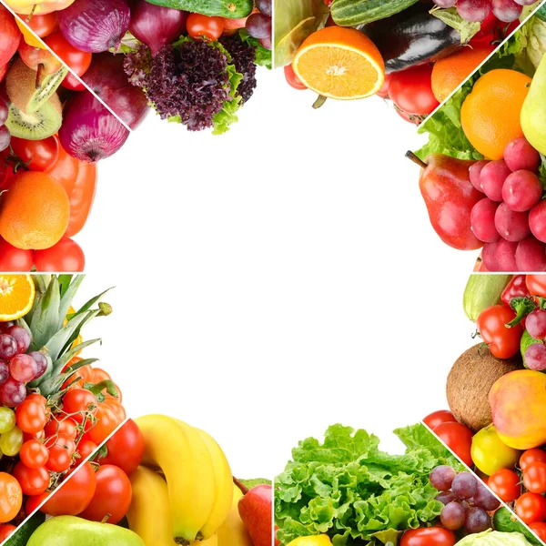 Quadratische Rahmen Reifes Obst Und Gemüse Getrennte Linien Auf Weißem — Stockfoto